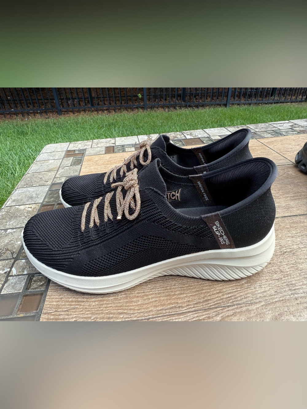 Skechers Women’s Ultra Flex Cosmic Black Slip-On Sneakers with Metallic Laces - Picture 5 of 7